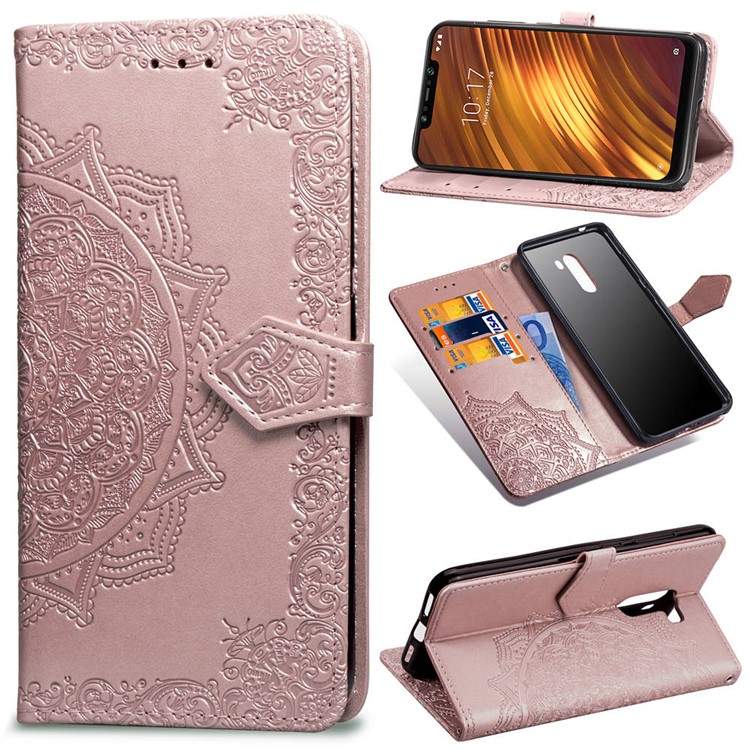 Imprint Mandala Flower Stand 3 Card Slots Leather Shell for Xiaomi Pocophone F1 / Poco F1 (India) - Pink-1