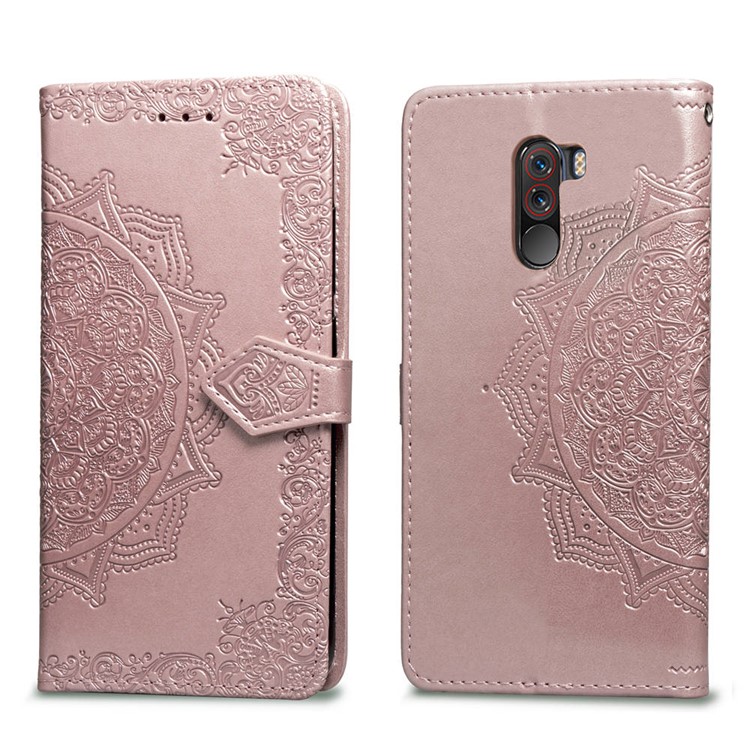 Imprint Mandala Flower Stand 3 Card Slots Leather Shell for Xiaomi Pocophone F1 / Poco F1 (India) - Pink-2