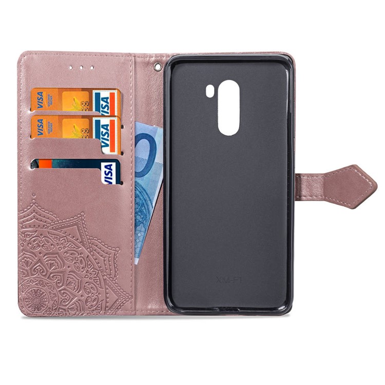 Imprint Mandala Flower Stand 3 Card Slots Leather Shell for Xiaomi Pocophone F1 / Poco F1 (India) - Pink-5