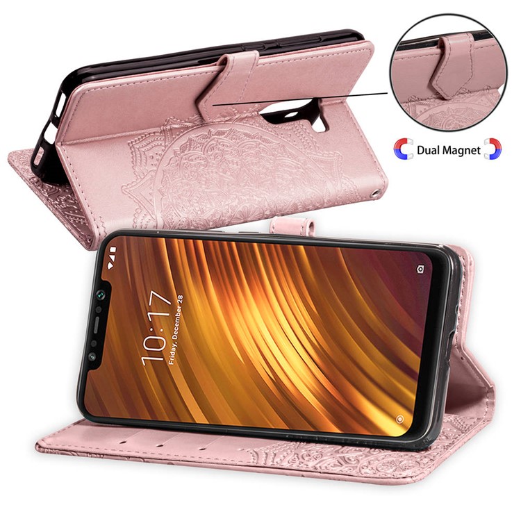 Imprint Mandala Flower Stand 3 Card Slots Leather Shell for Xiaomi Pocophone F1 / Poco F1 (India) - Pink-6