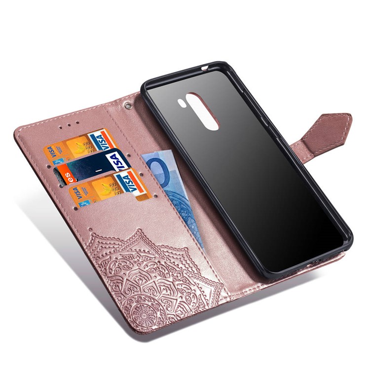 Imprint Mandala Flower Stand 3 Card Slots Leather Shell for Xiaomi Pocophone F1 / Poco F1 (India) - Pink-7