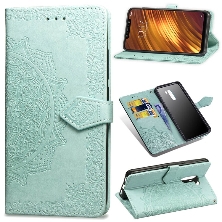 Imprint Mandala Flower Stand 3 Card Slots Leather Casing for Xiaomi Pocophone F1 / Poco F1 (India) - Green-1