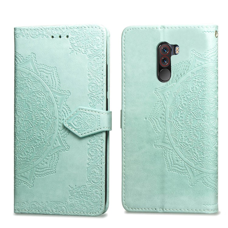 Imprint Mandala Flower Stand 3 Card Slots Leather Casing for Xiaomi Pocophone F1 / Poco F1 (India) - Green-2