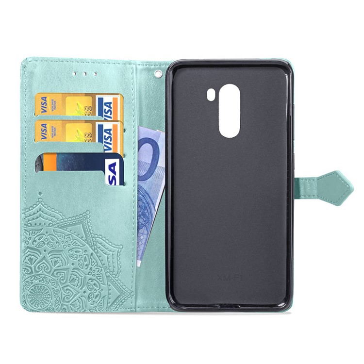 Imprint Mandala Flower Stand 3 Card Slots Leather Casing for Xiaomi Pocophone F1 / Poco F1 (India) - Green-5
