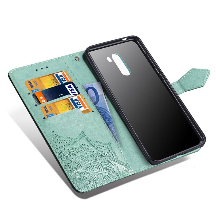 Imprint Mandala Flower Stand 3 Card Slots Leather Casing for Xiaomi Pocophone F1 / Poco F1 (India) - Green-7