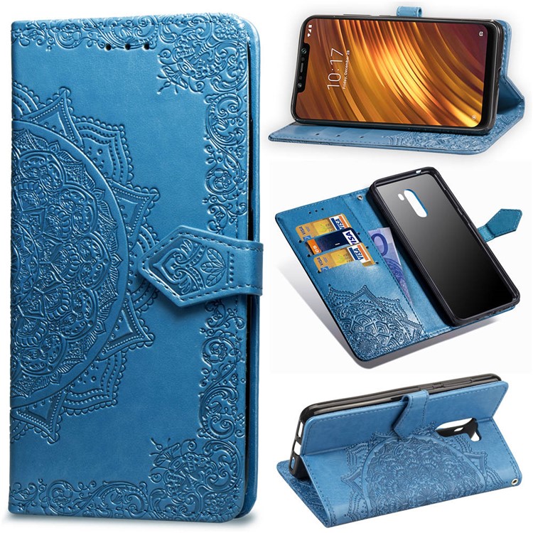 Imprint Mandala Flower Stand Wallet Leather Case for Xiaomi Pocophone F1 / Poco F1 (India) - Blue-1