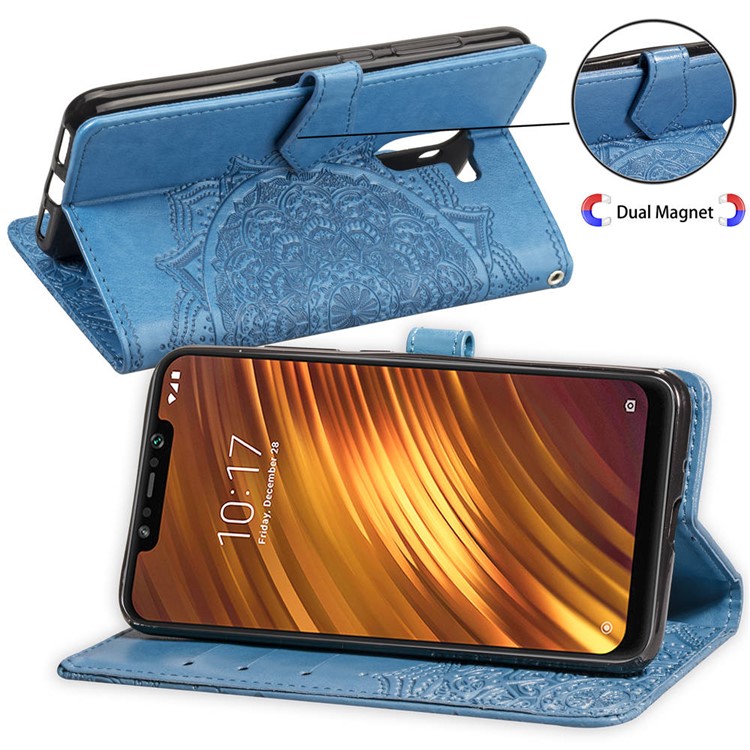 Imprint Mandala Flower Stand Wallet Leather Case for Xiaomi Pocophone F1 / Poco F1 (India) - Blue-6