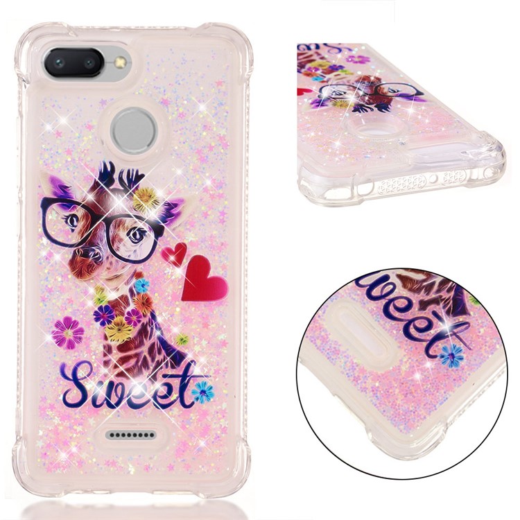 Pattern Printing Flowing Quicksand TPU Mobile Case for Xiaomi Redmi 6 - Giraffe Wearing Glasses-1