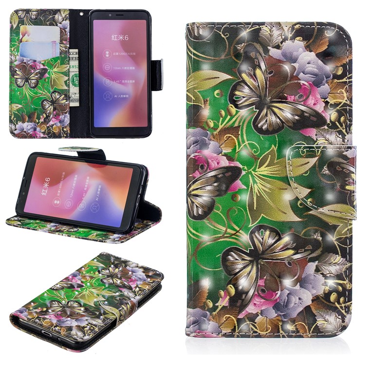 Patterned Light Spot Decor Leather Wallet Case for Xiaomi Redmi 6 - Butterfly and Flowers-1