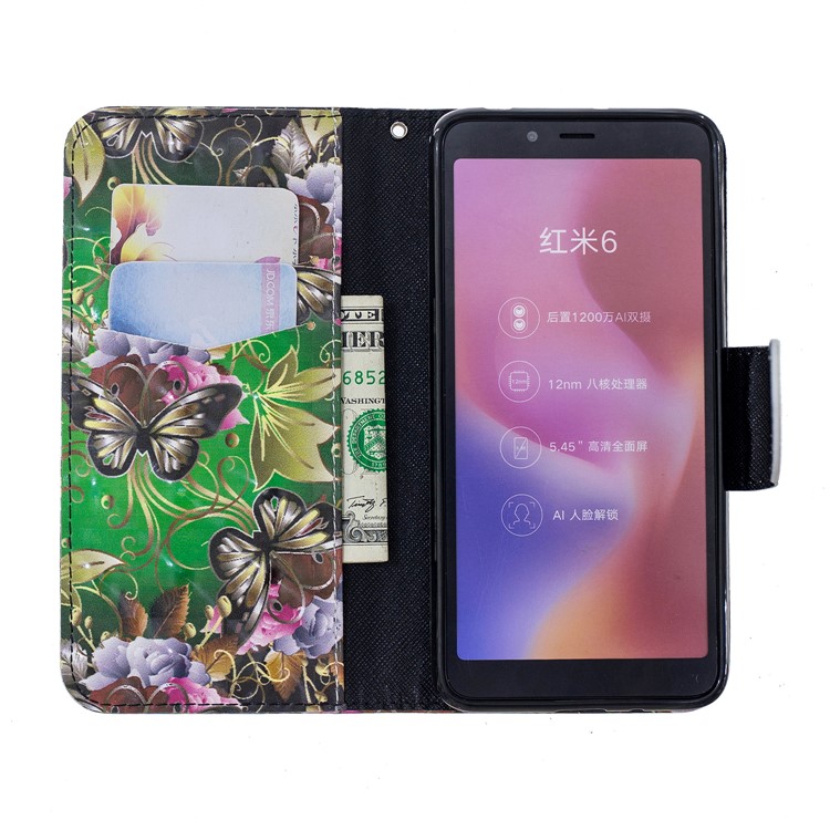 Patterned Light Spot Decor Leather Wallet Case for Xiaomi Redmi 6 - Butterfly and Flowers-6