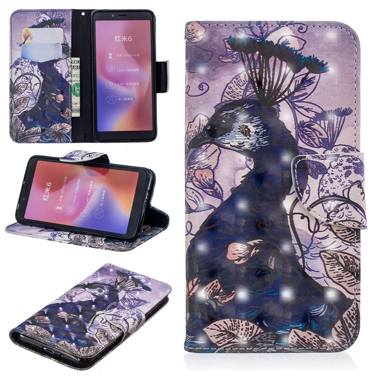 Patterned Light Spot Decor Leather Wallet Cover Casing for Xiaomi Redmi 6 - Peacock-1