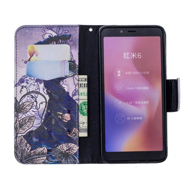 Patterned Light Spot Decor Leather Wallet Cover Casing for Xiaomi Redmi 6 - Peacock-6