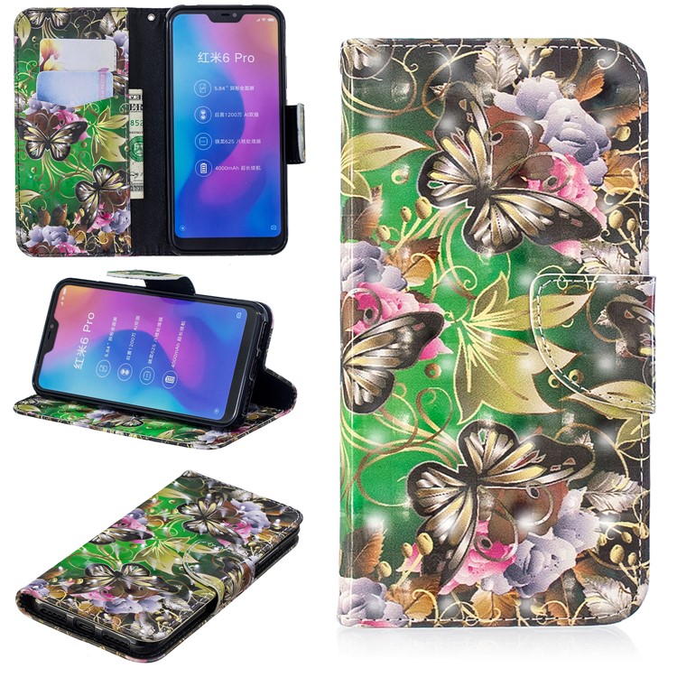 Patterned Light Spot Decor Leather Stand Mobile Case for Xiaomi Mi A2 Lite / Redmi 6 Pro - Butterfly and Flowers-1