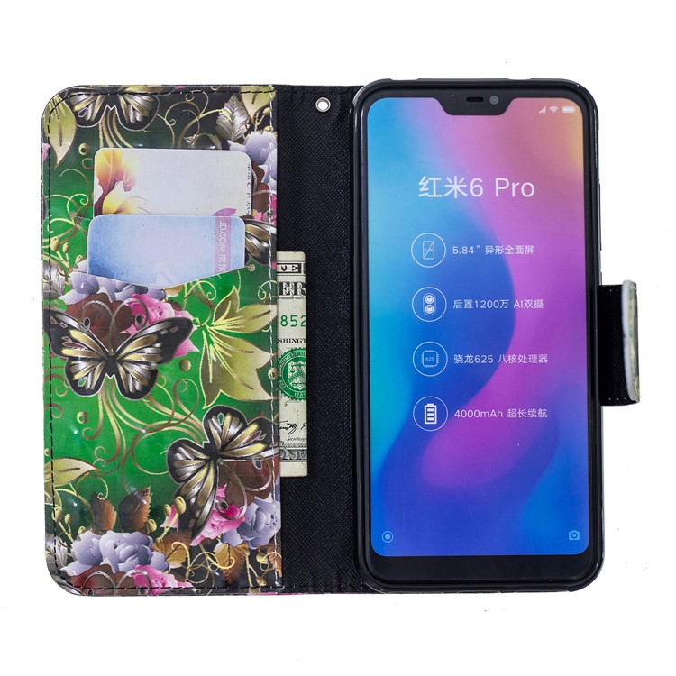 Patterned Light Spot Decor Leather Stand Mobile Case for Xiaomi Mi A2 Lite / Redmi 6 Pro - Butterfly and Flowers-6