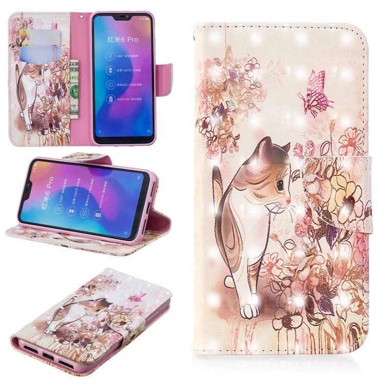 Patterned Light Spot Decor Leather Stand Protective Cover for Xiaomi Mi A2 Lite / Redmi 6 Pro - Cat and Flowers-1