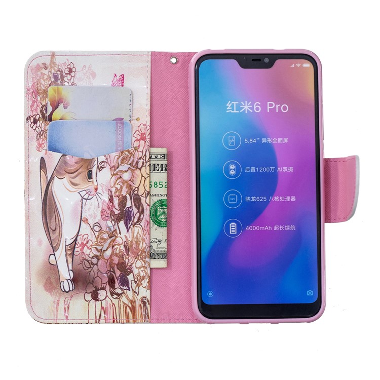Patterned Light Spot Decor Leather Stand Protective Cover for Xiaomi Mi A2 Lite / Redmi 6 Pro - Cat and Flowers-6