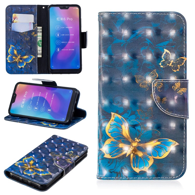 Patterned Light Spot Decor Leather Stand Casing Cover for Xiaomi Mi A2 Lite / Redmi 6 Pro - Blue Butterfly-1