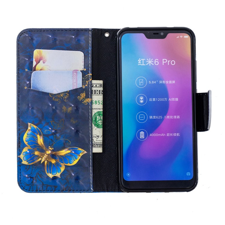 Patterned Light Spot Decor Leather Stand Casing Cover for Xiaomi Mi A2 Lite / Redmi 6 Pro - Blue Butterfly-6
