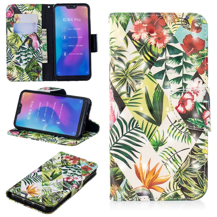 Patterned Light Spot Decor Leather Wallet Cell Phone Shell for Xiaomi Mi A2 Lite / Redmi 6 Pro - Leaves-1