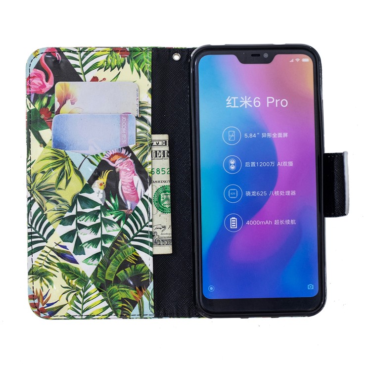 Patterned Light Spot Decor Leather Wallet Cell Phone Shell for Xiaomi Mi A2 Lite / Redmi 6 Pro - Leaves-6