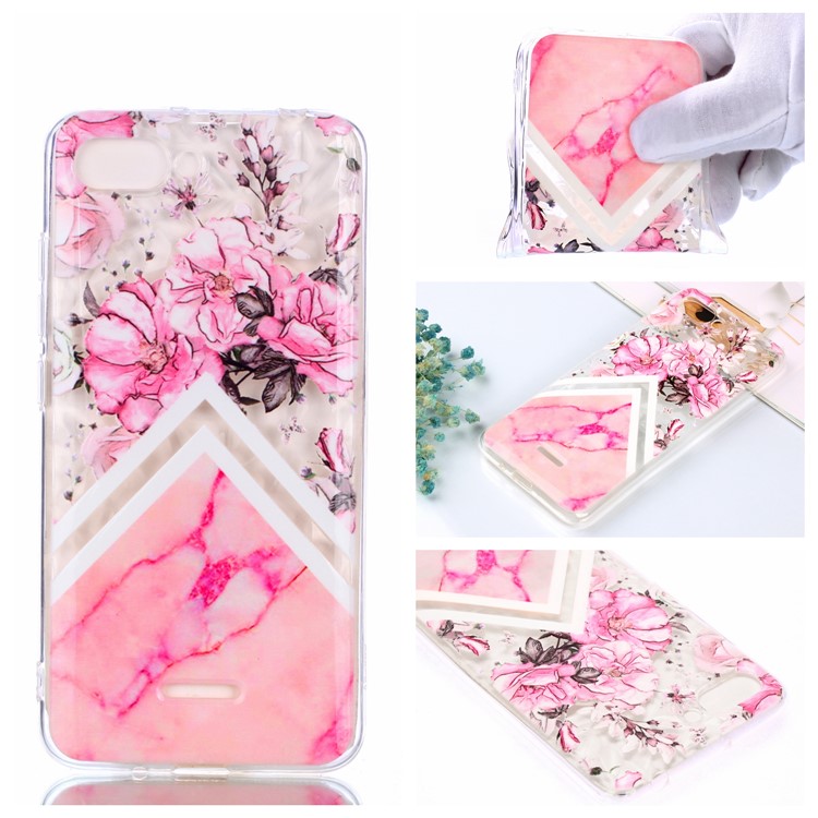 Pattern Printing Embossed 3D Diamond Surface TPU Phone Shell Case for Xiaomi Redmi 6A - Pink Flowers and Marble Pattern-1