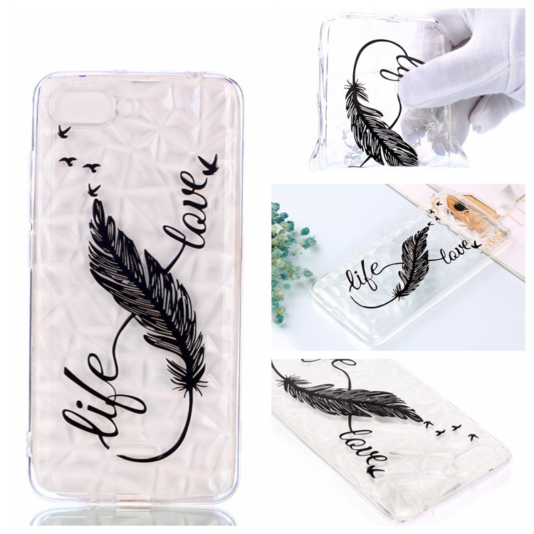Pattern Printing Embossed 3D Diamond Surface TPU Mobile Phone Case for Xiaomi Redmi 6A - Feather Pattern-1