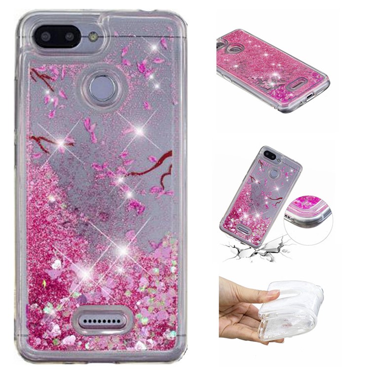 Lentejuelas De Polvo Con Brillo Dinámico Con Diseño De Cubierta De TPU Para Xiaomi Redmi 6 (cámara Dual: 12MP + 5MP) - Flor Rosa-1