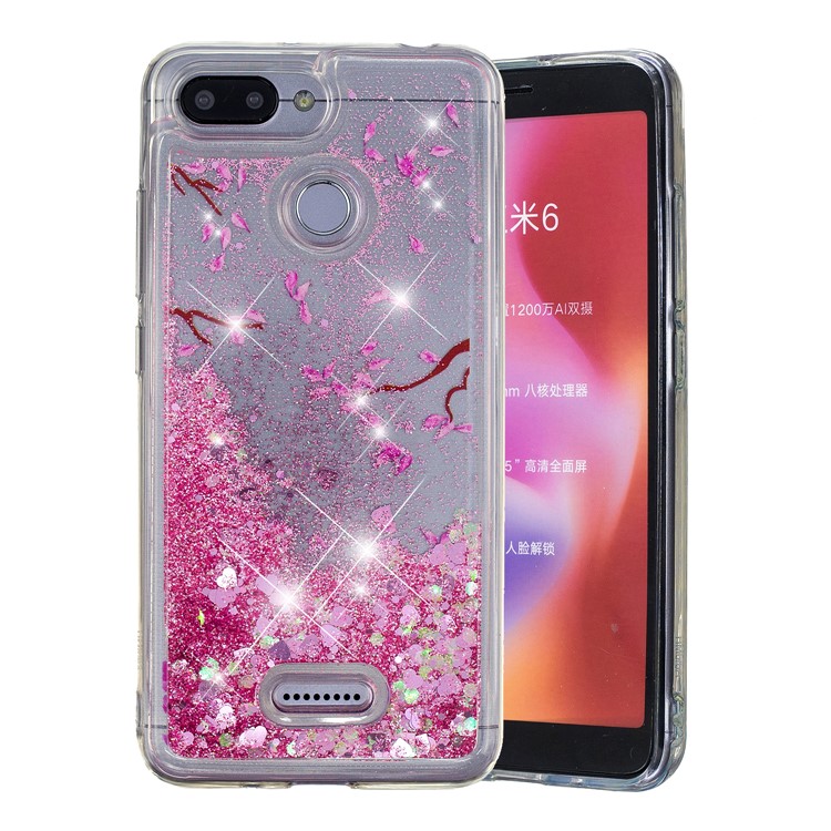 Lentejuelas De Polvo Con Brillo Dinámico Con Diseño De Cubierta De TPU Para Xiaomi Redmi 6 (cámara Dual: 12MP + 5MP) - Flor Rosa-2