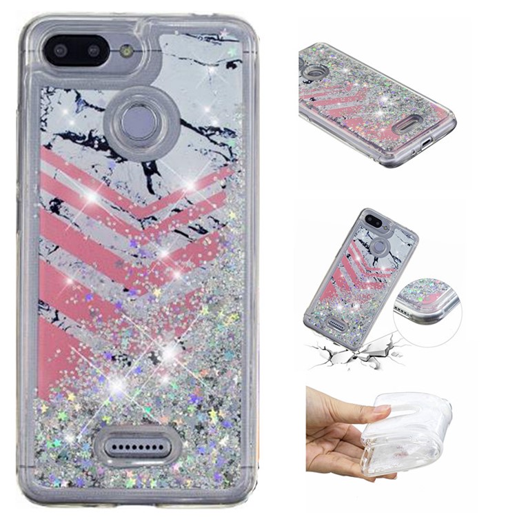 Lentejuelas De Polvo De Brillo Dinámico Modeladas Con Carcasa De TPU Para Xiaomi Redmi 6 (cámara Dual: 12MP + 5MP) - Patrón De Mármol Y Rayas De Color Rosa-1