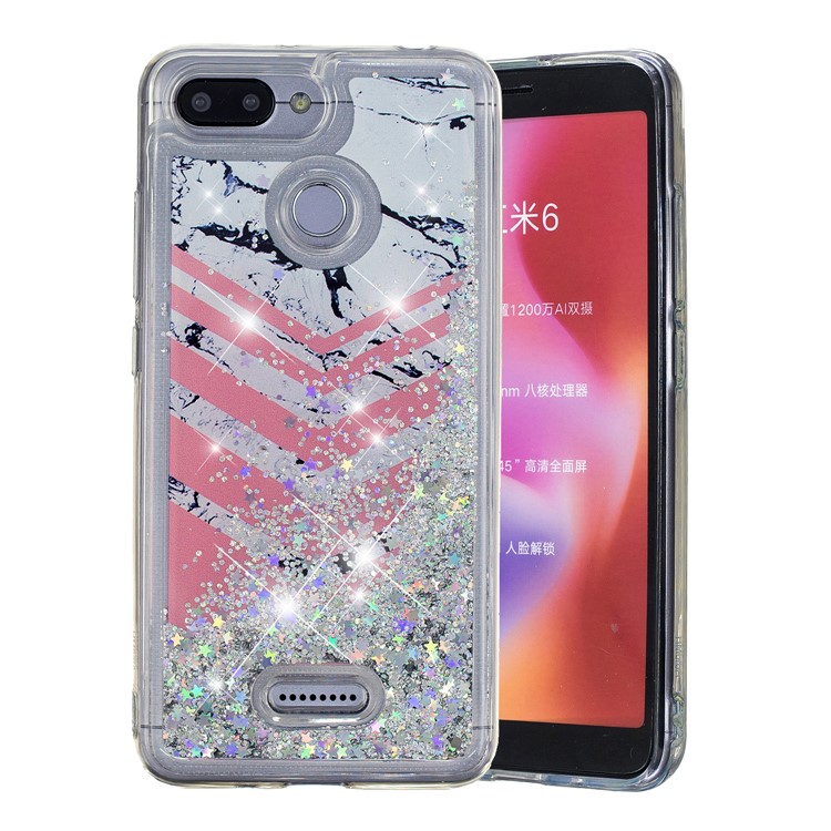 Lentejuelas De Polvo De Brillo Dinámico Modeladas Con Carcasa De TPU Para Xiaomi Redmi 6 (cámara Dual: 12MP + 5MP) - Patrón De Mármol Y Rayas De Color Rosa-2