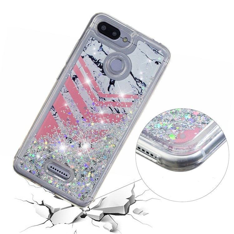 Lentejuelas De Polvo De Brillo Dinámico Modeladas Con Carcasa De TPU Para Xiaomi Redmi 6 (cámara Dual: 12MP + 5MP) - Patrón De Mármol Y Rayas De Color Rosa-3
