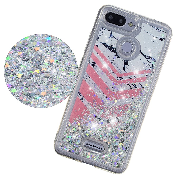 Lentejuelas De Polvo De Brillo Dinámico Modeladas Con Carcasa De TPU Para Xiaomi Redmi 6 (cámara Dual: 12MP + 5MP) - Patrón De Mármol Y Rayas De Color Rosa-4