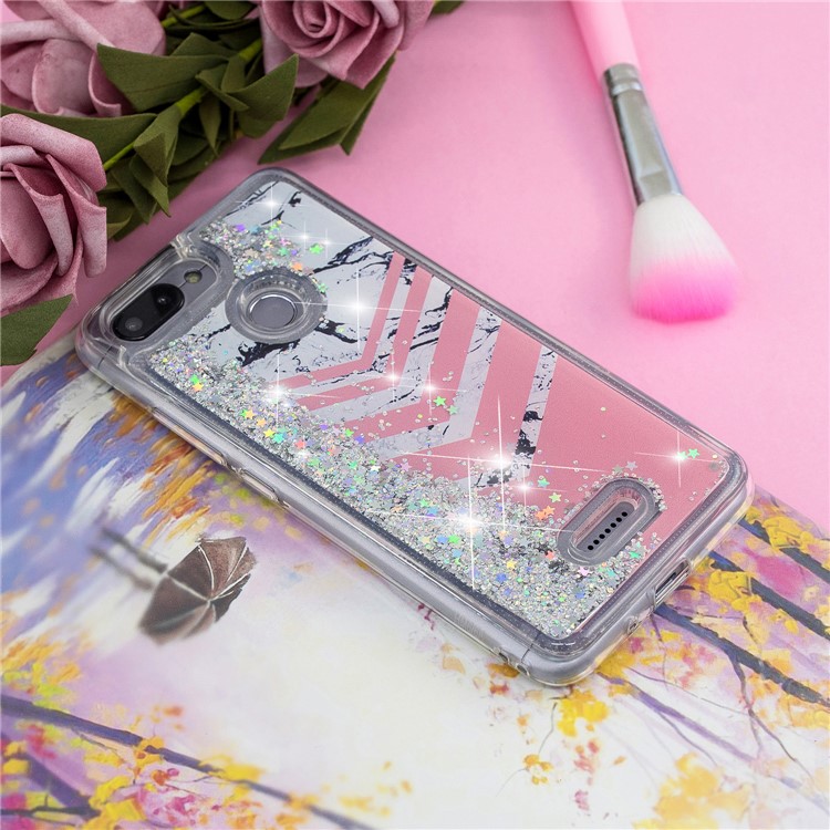 Lentejuelas De Polvo De Brillo Dinámico Modeladas Con Carcasa De TPU Para Xiaomi Redmi 6 (cámara Dual: 12MP + 5MP) - Patrón De Mármol Y Rayas De Color Rosa-8