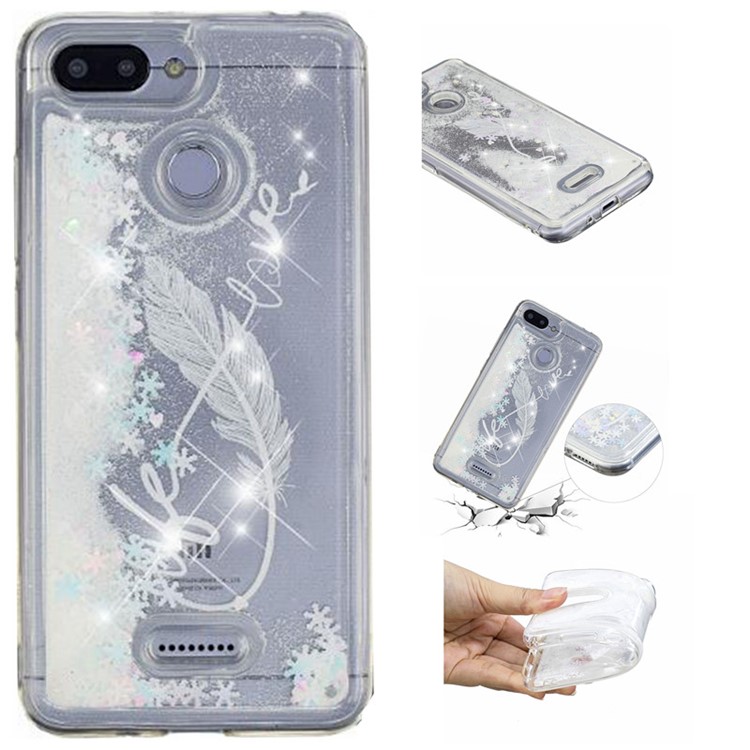 Dynamic Glitter Powder Sequins Patterned TPU Phone Case for Xiaomi Redmi 6 (Dual Camera: 12MP+5MP) - White Feather-1