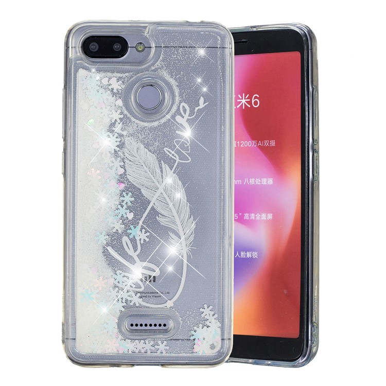 Dynamic Glitter Powder Sequins Patterned TPU Phone Case for Xiaomi Redmi 6 (Dual Camera: 12MP+5MP) - White Feather-2