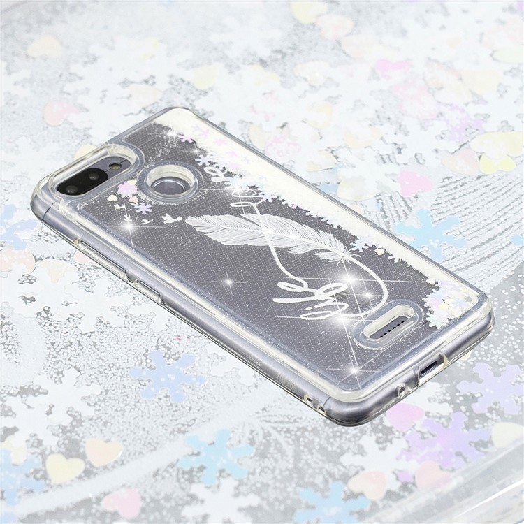 Dynamic Glitter Powder Sequins Patterned TPU Phone Case for Xiaomi Redmi 6 (Dual Camera: 12MP+5MP) - White Feather-5