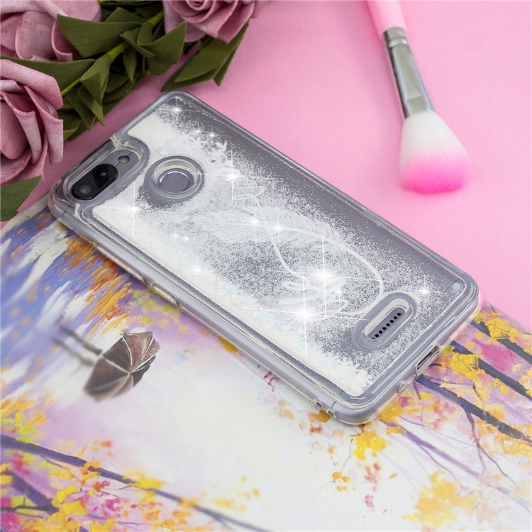 Dynamic Glitter Powder Sequins Patterned TPU Phone Case for Xiaomi Redmi 6 (Dual Camera: 12MP+5MP) - White Feather-8