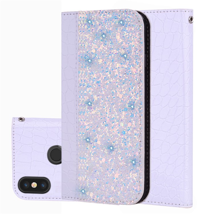 Crocodile Texture Glittery Sequins Splicing PU Leather Auto-absorbed Case Cover for Xiaomi Redmi Note 6 Pro - White-1