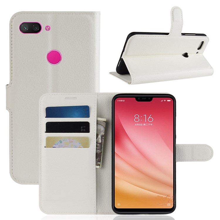 Litchi Texture Wallet Leather Mobile Cover for Xiaomi Mi 8 Lite / Mi 8 Youth (Mi 8X) - White-1