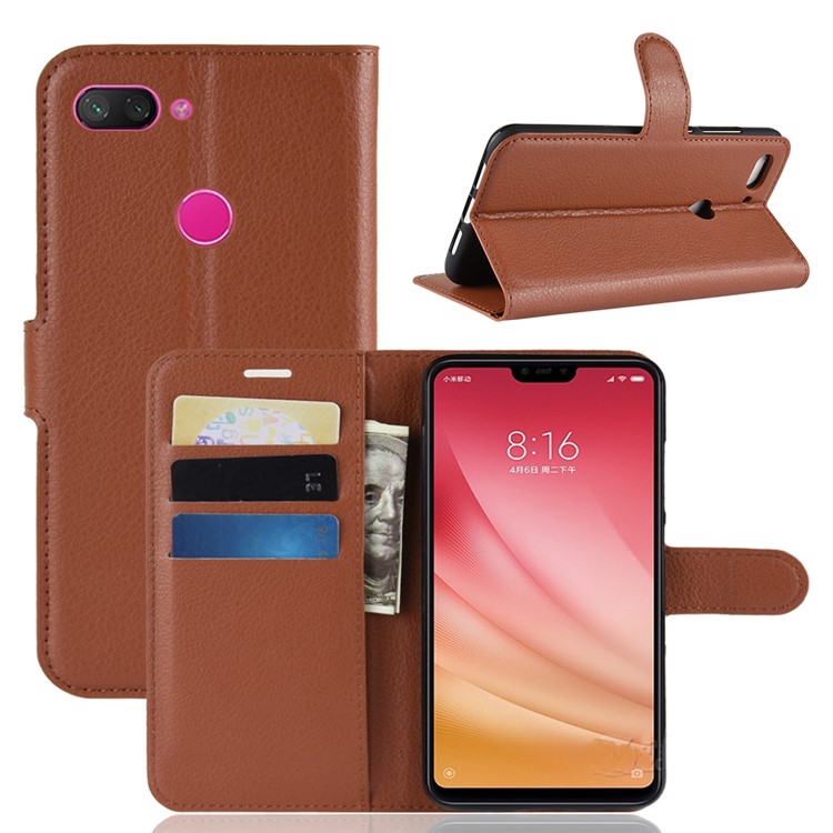Litchi Texture Wallet Leather Cover Protector for Xiaomi Mi 8 Lite / Mi 8 Youth (Mi 8X) - Brown-1