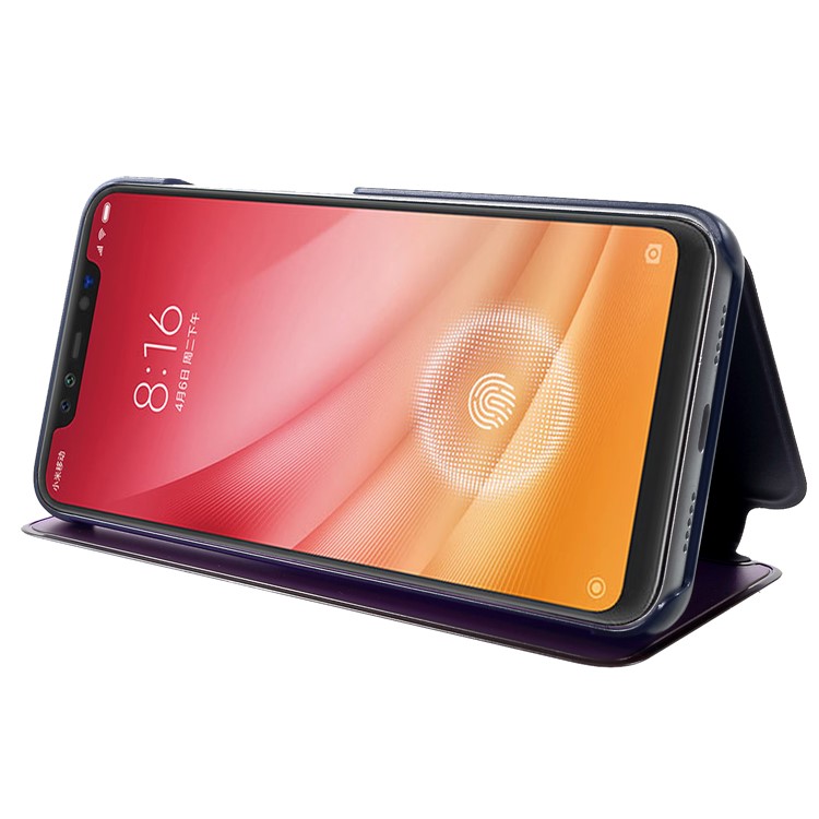Ansichtsfenster Plattiert Spiegeloberfläche Leder Standhandytasche Für Xiaomi Mi 8 Pro - Dunkelblau-5