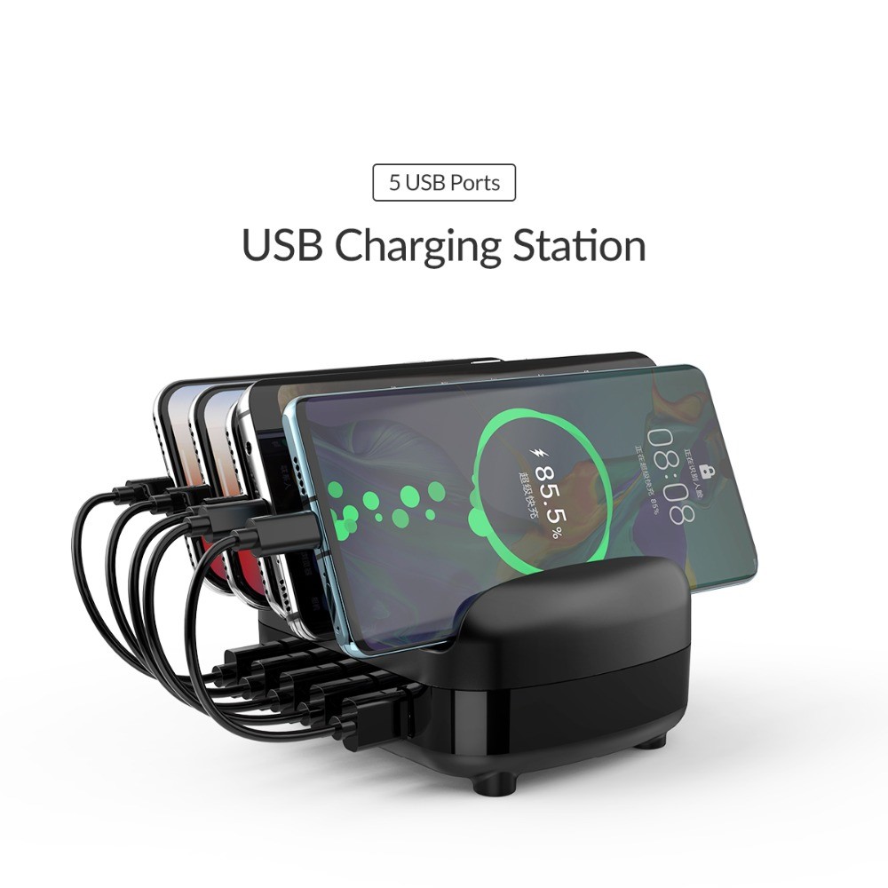 ORICO DUK-5P 5 Ports USB Charging Station 40W Max Charger Stand with Phone Holder for Phone Tablet, 5V 2.4A*5 - Black / US Plug