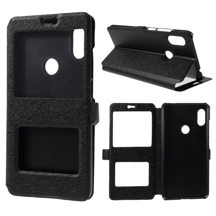 Silk Texture Dual View Window Leather Mobile Case for Xiaomi Redmi Note 6 Pro - Black-1