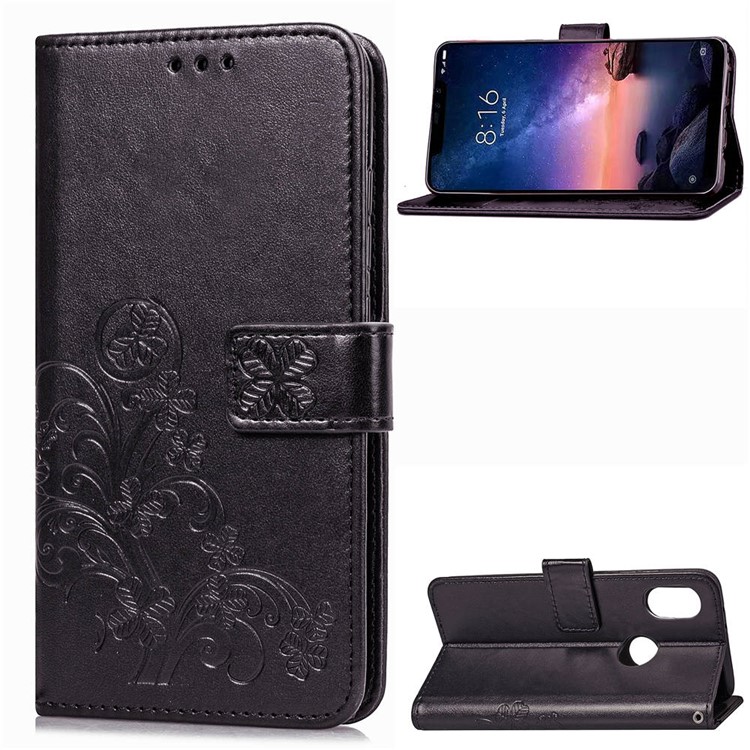 Imprint Clover Pattern Leather Wallet Case for Xiaomi Redmi Note 6 Pro - Black-1