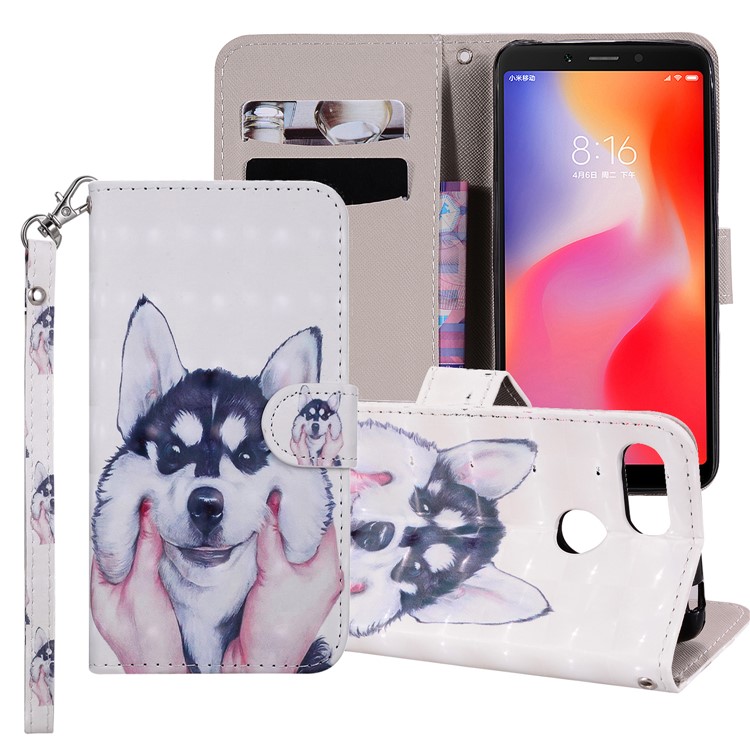 Pattern Printing Leather Wallet Case with Strap for Xiaomi Redmi 6 (Dual Camera: 12MP+5MP) - Husky-1