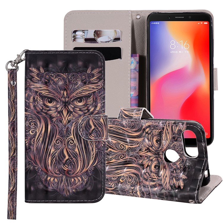 Patterned Leather Mobile Phone Case for Xiaomi Redmi 6 (Dual Camera: 12MP+5MP) - Owl-1