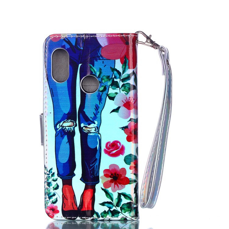 Laser Carving Pattern Printing Card Holder Leather Cover for Xiaomi Mi A2 Lite / Redmi 6 Pro - Flowers and Legs-2