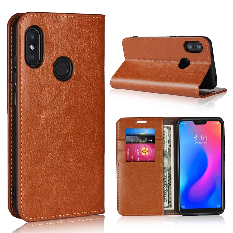 Crazy Horse Genuine Leather Protective Shell Case for Xiaomi Redmi Note 6 Pro - Brown-1