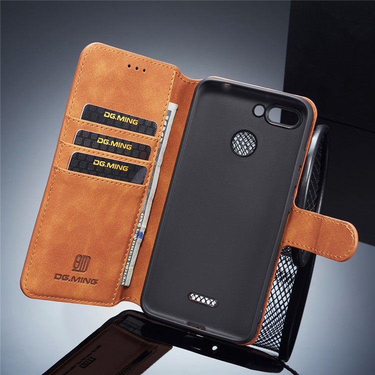 DG.MING Retro Style Leather Wallet Case Shell Cover for Xiaomi Redmi 6 (Dual Camera: 12MP+5MP) - Brown-8