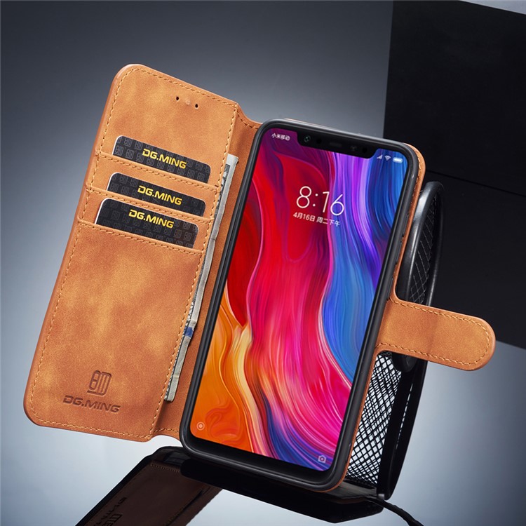 DG.MING Retro Style Leather Wallet Phone Case for Xiaomi Mi 8 (6.21-inch) - Brown-8
